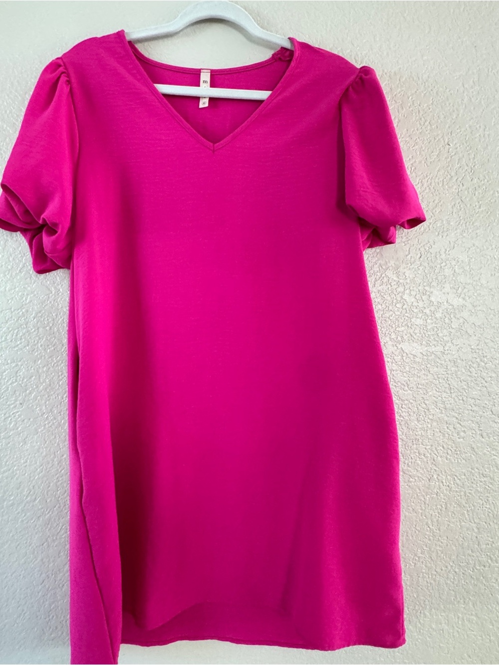 HOT Pink V-Neck Puff Sleeve Dress